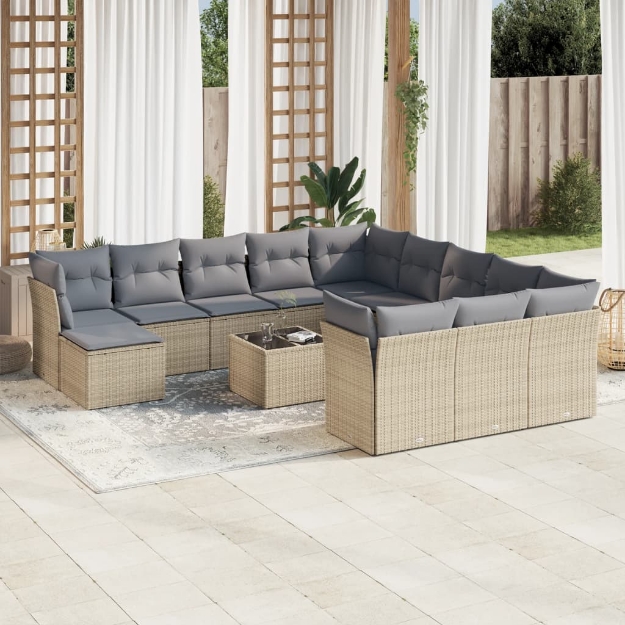 Set Divano da Giardino 13 pz con Cuscini Beige in Polyrattan