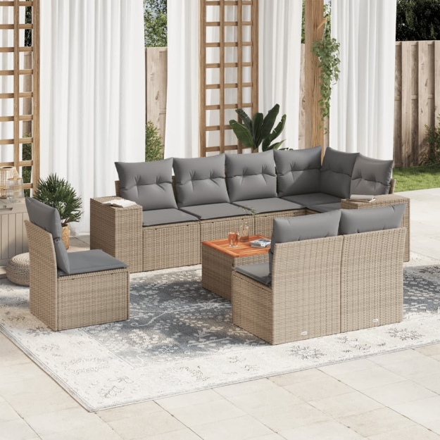 Set Divano da Giardino 9 pz con Cuscini Beige in Polyrattan