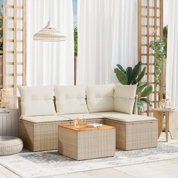 Set Divano da Giardino 5 pz con Cuscini Beige in Polyrattan