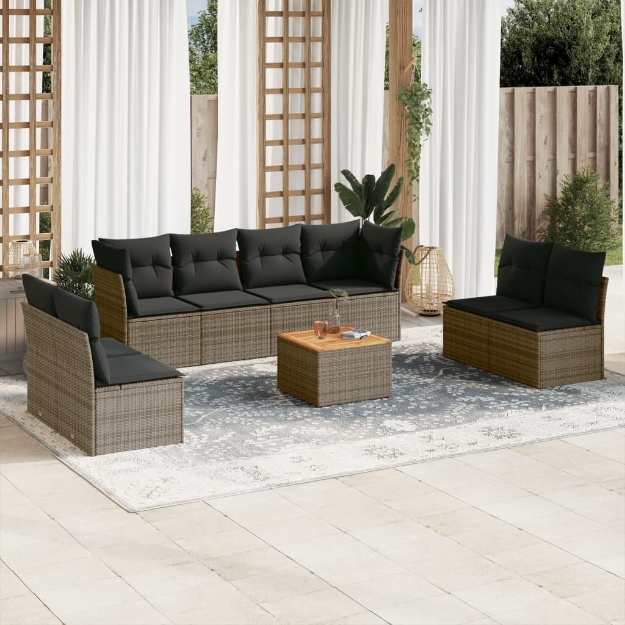 Set Divano da Giardino 9 pz con Cuscini Grigio in Polyrattan