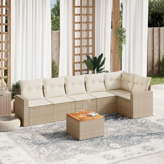 Set Divani da Giardino 7 pz con Cuscini Beige in Polyrattan