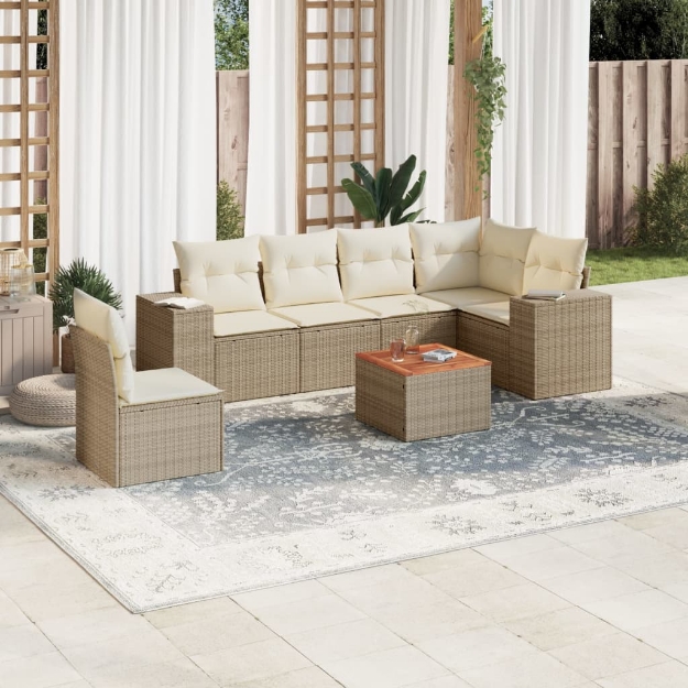 Set Divani da Giardino 7 pz con Cuscini Beige in Polyrattan