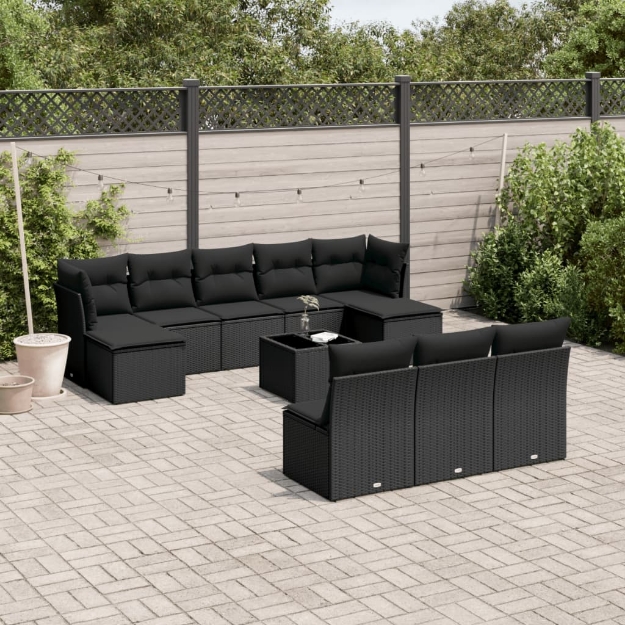 Set Divani da Giardino 11 pz con Cuscini in Polyrattan Nero