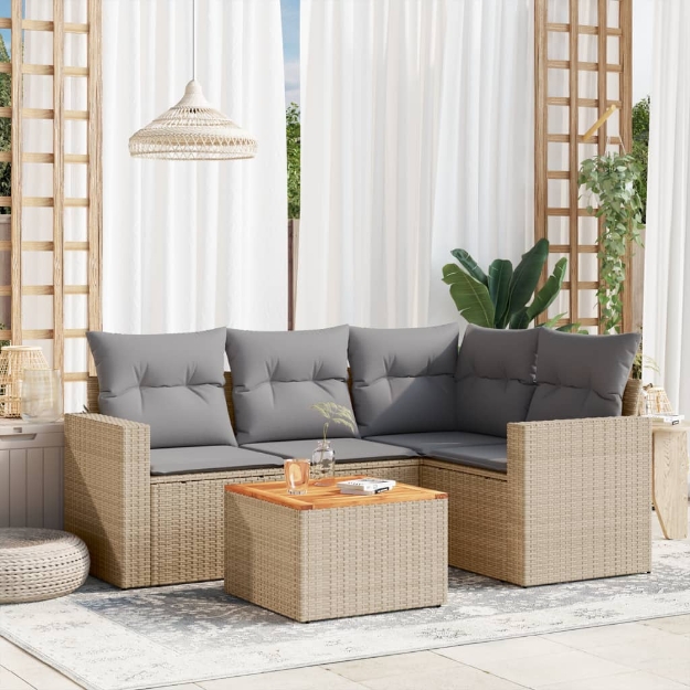 Set Divano da Giardino 5 pz con Cuscini Beige in Polyrattan