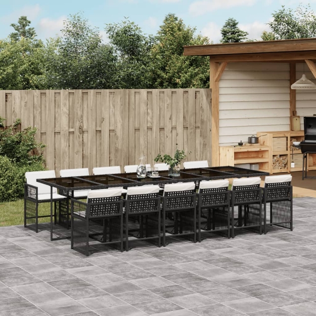 Set da Pranzo da Giardino 13pz con Cuscini Nero in Polyrattan