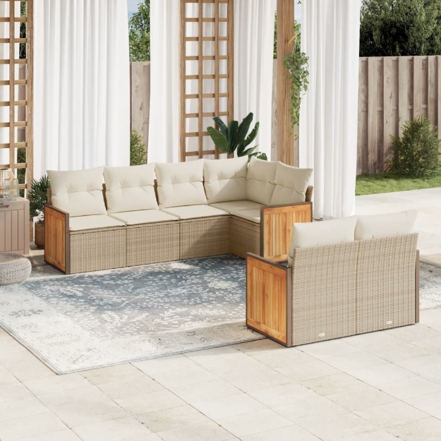 Set Divani da Giardino 7 pz con Cuscini Beige in Polyrattan