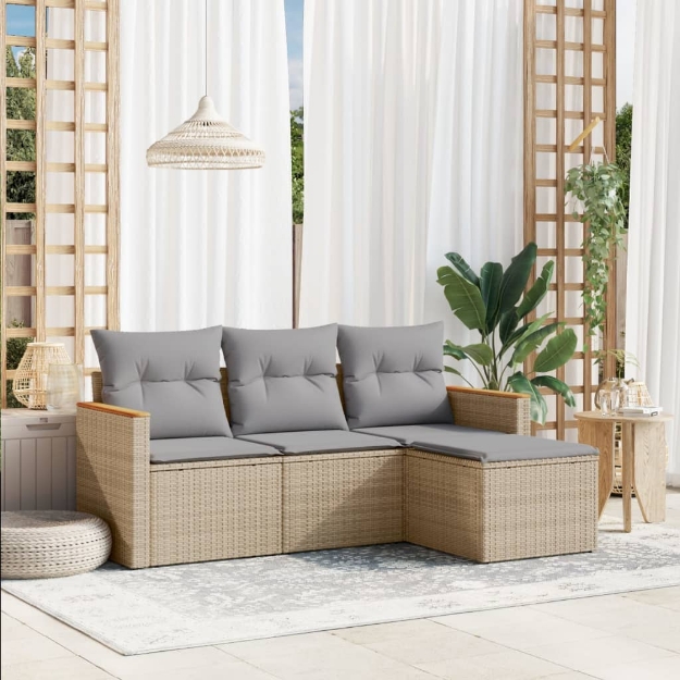 Set Divano da Giardino 4 pz con Cuscini Beige in Polyrattan