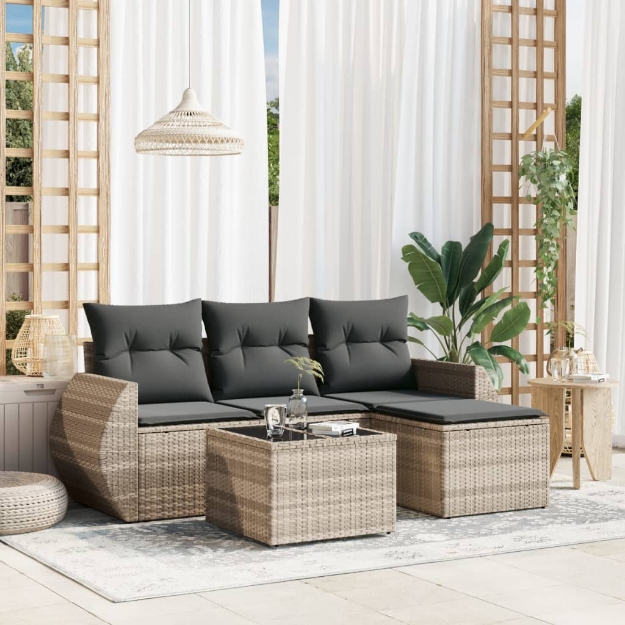 Set Divano da Giardino 5pz con Cuscini Grigio Chiaro Polyrattan