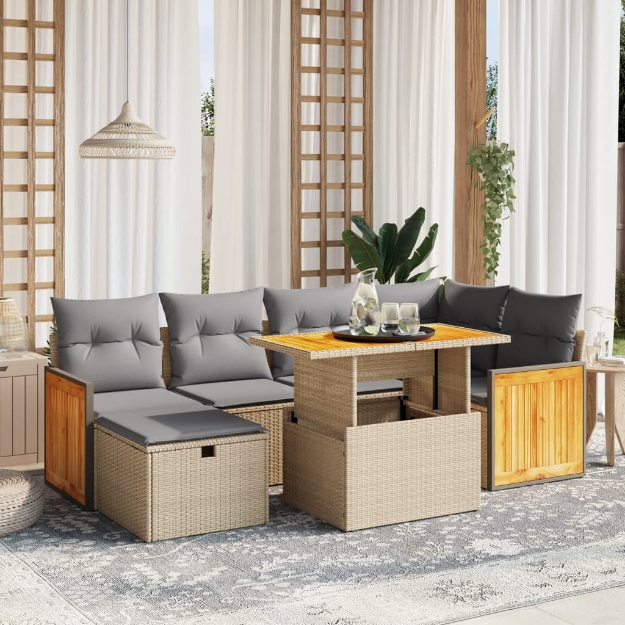 Set Divani da Giardino 7 pz con Cuscini Beige in Polyrattan