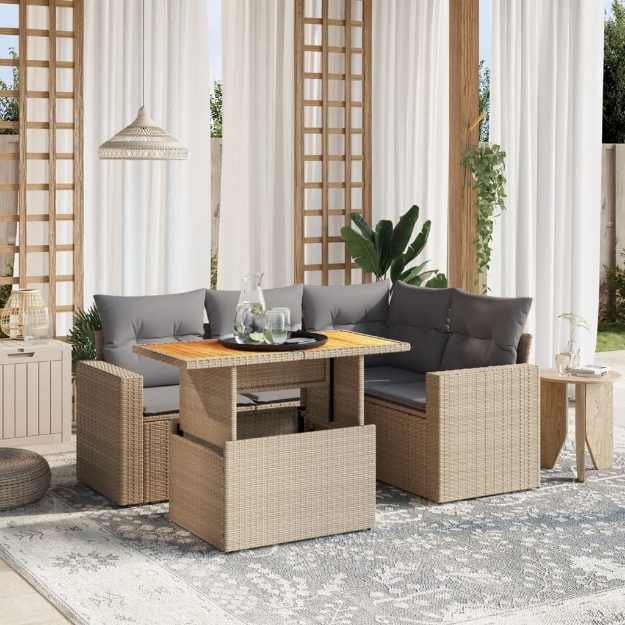 Set Divano da Giardino 5 pz con Cuscini Beige in Polyrattan