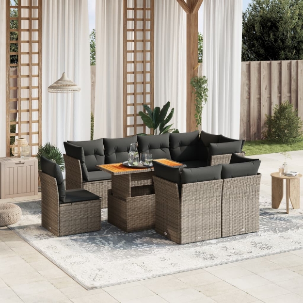 Set Divano da Giardino 9 pz con Cuscini Grigio in Polyrattan