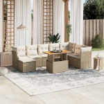 Set Divano da Giardino 9 pz con Cuscini Beige in Polyrattan
