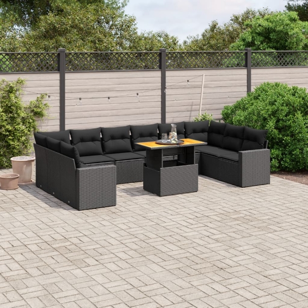 Set Divani da Giardino 11 pz con Cuscini in Polyrattan Nero