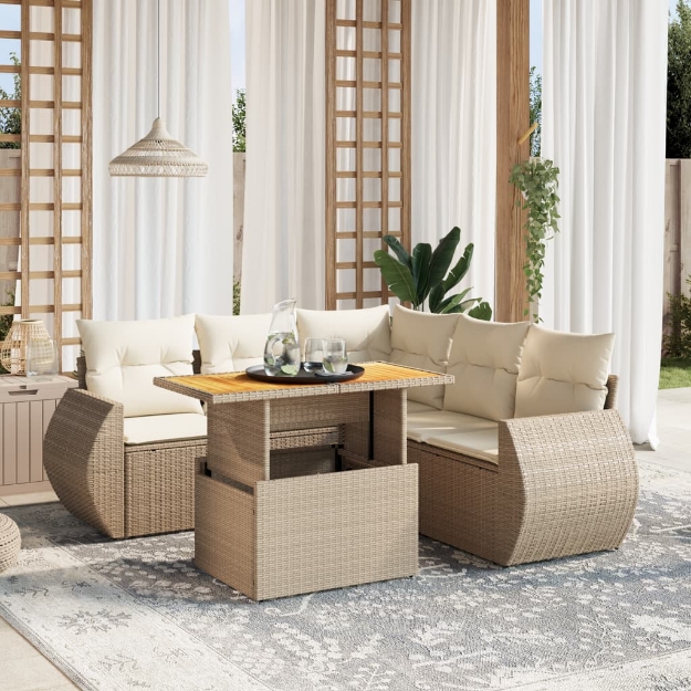 Set Divano da Giardino 6 pz con Cuscini Beige in Polyrattan
