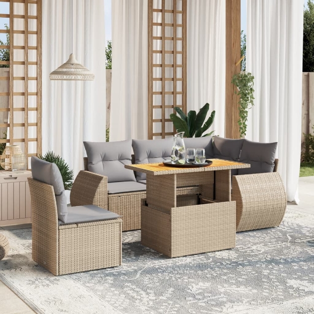Set Divano da Giardino 6 pz con Cuscini Beige in Polyrattan