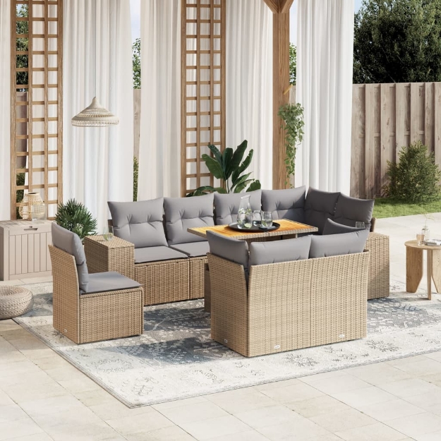 Set Divano da Giardino 9 pz con Cuscini Beige in Polyrattan
