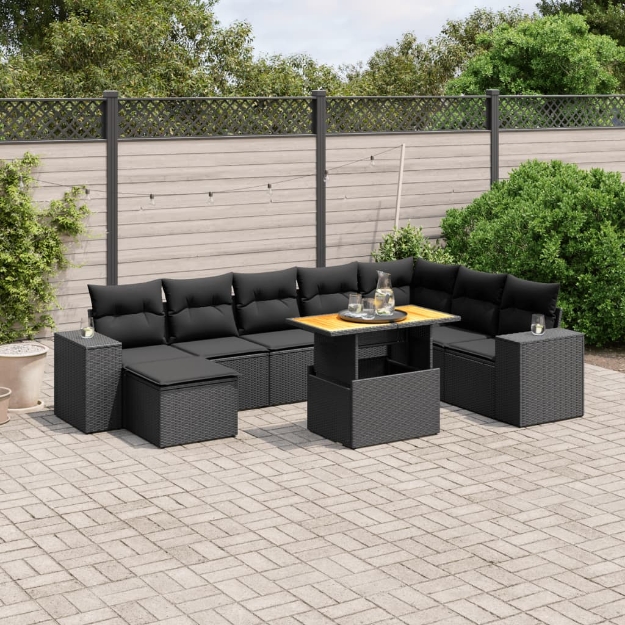 Set Divani da Giardino 9 pz con Cuscini Nero in Polyrattan