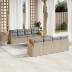 Set Divano da Giardino 9 pz con Cuscini Beige in Polyrattan