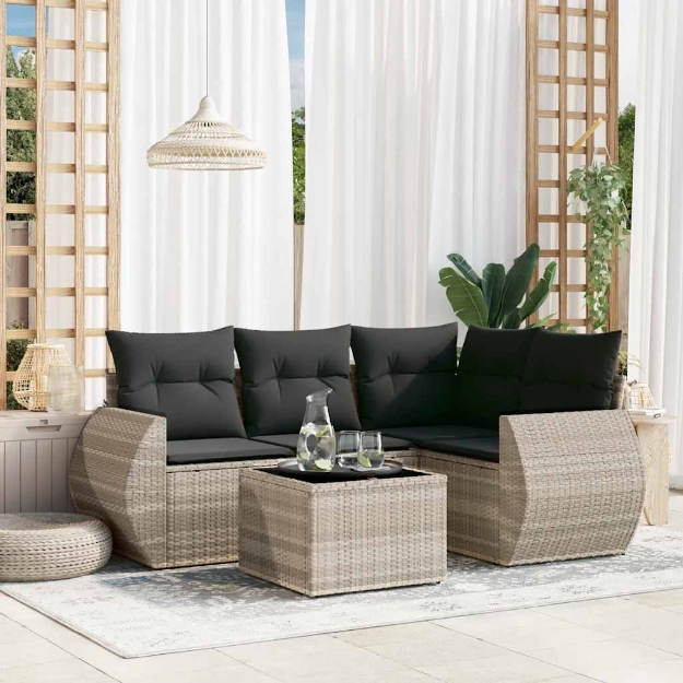 Set Divano da Giardino 5pz con Cuscini Grigio Chiaro Polyrattan