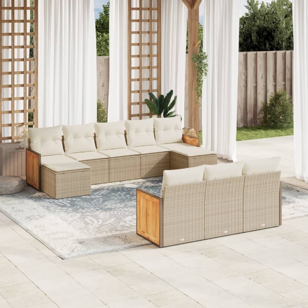 Set Divano da Giardino 10 pz con Cuscini Beige in Polyrattan