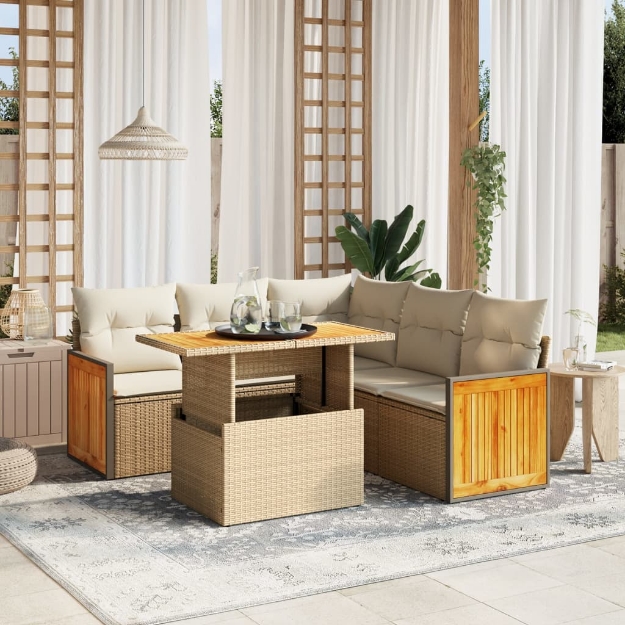 Set Divano da Giardino 6 pz con Cuscini Beige in Polyrattan