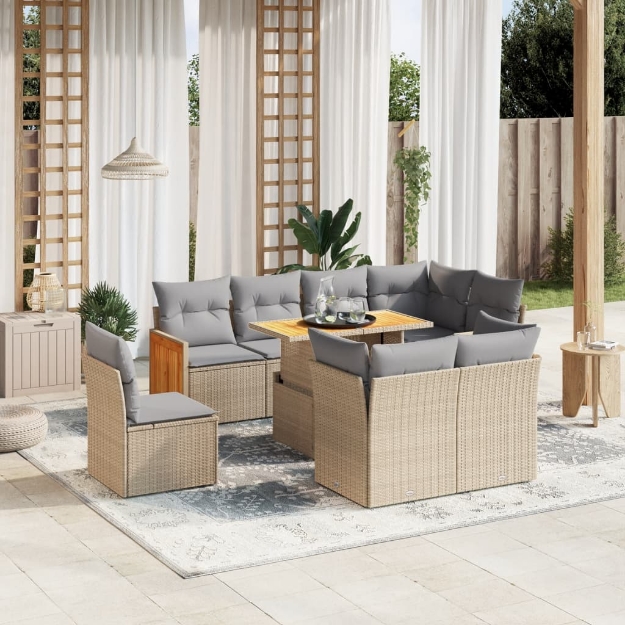 Set Divano da Giardino 9 pz con Cuscini Beige in Polyrattan