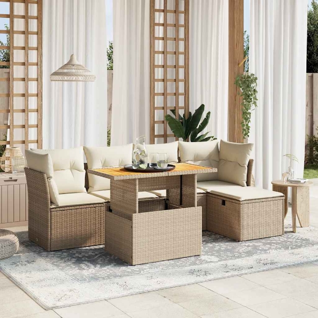 Set Divano da Giardino 6 pz con Cuscini Beige in Polyrattan