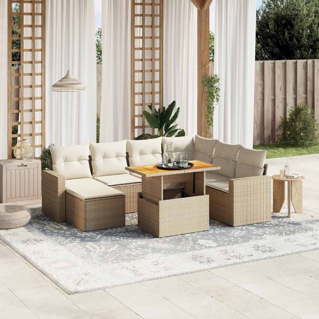 Set Divano da Giardino 8 pz con Cuscini Beige in Polyrattan