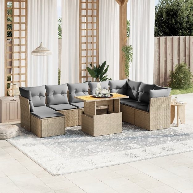 Set Divano da Giardino 9 pz con Cuscini Beige in Polyrattan