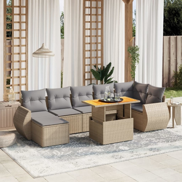 Set Divano da Giardino 8 pz con Cuscini Beige in Polyrattan