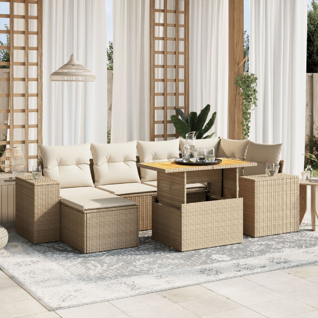 Set Divani da Giardino 7 pz con Cuscini Beige in Polyrattan