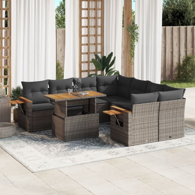 Set Divano da Giardino 9 pz con Cuscini Grigio in Polyrattan