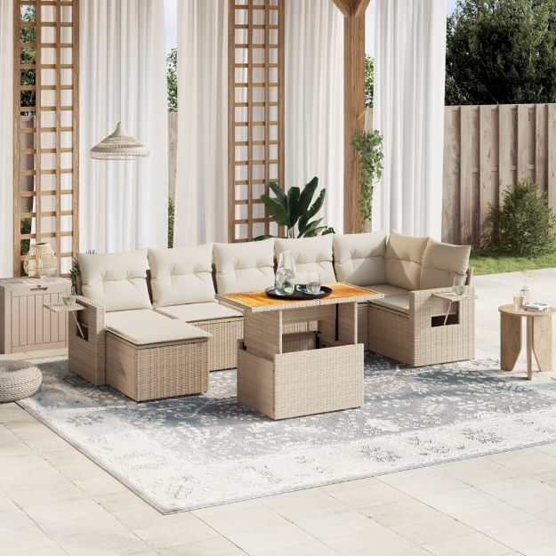 Set Divano da Giardino 8 pz con Cuscini Beige in Polyrattan