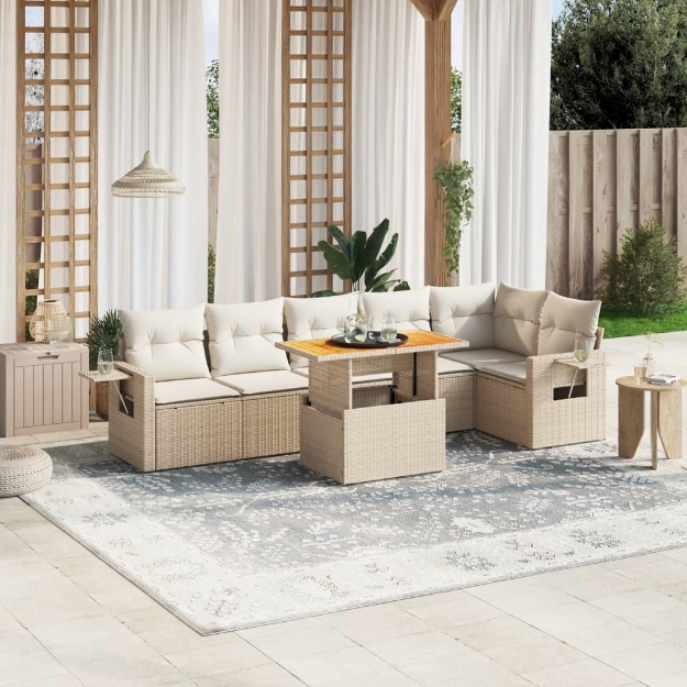 Set Divani da Giardino 7 pz con Cuscini Beige in Polyrattan