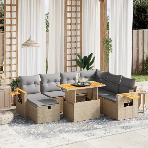 Set Divano da Giardino 8 pz con Cuscini Beige in Polyrattan