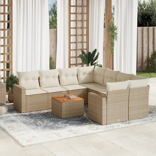Set Divano da Giardino 9 pz con Cuscini Beige in Polyrattan