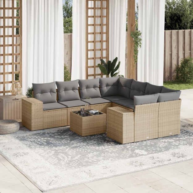 Set Divano da Giardino 9 pz con Cuscini Beige in Polyrattan