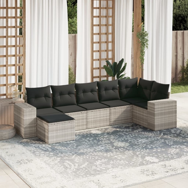 Set Divani da Giardino 7pz con Cuscini Grigio Chiaro Polyrattan