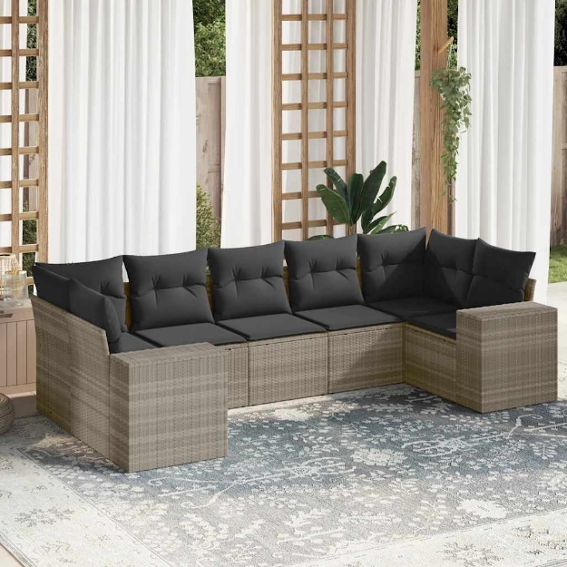 Set Divani da Giardino 7pz con Cuscini Grigio Chiaro Polyrattan