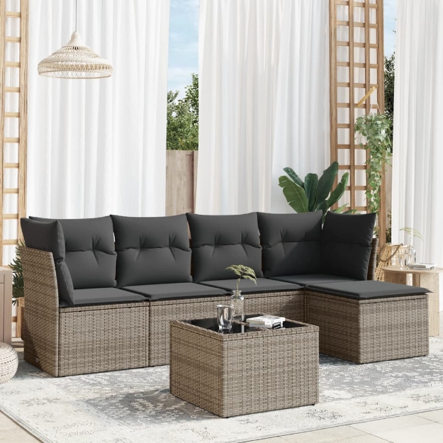 Set Divano da Giardino 6 pz con Cuscini Grigio in Polyrattan