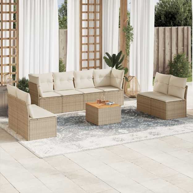 Set Divano da Giardino 9 pz con Cuscini Beige in Polyrattan