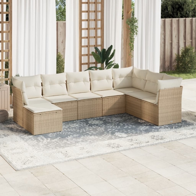 Set Divano da Giardino 8 pz con Cuscini Beige in Polyrattan