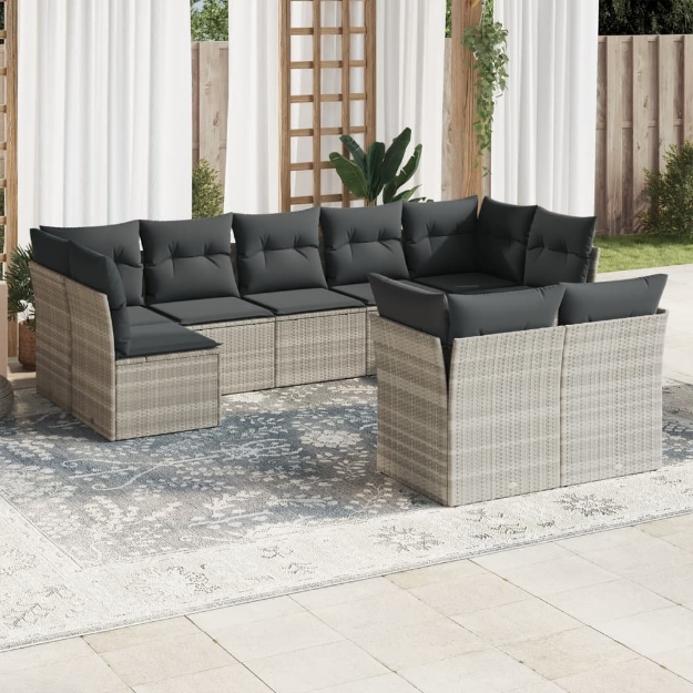 Set Divano da Giardino 9pz con Cuscini Grigio Chiaro Polyrattan