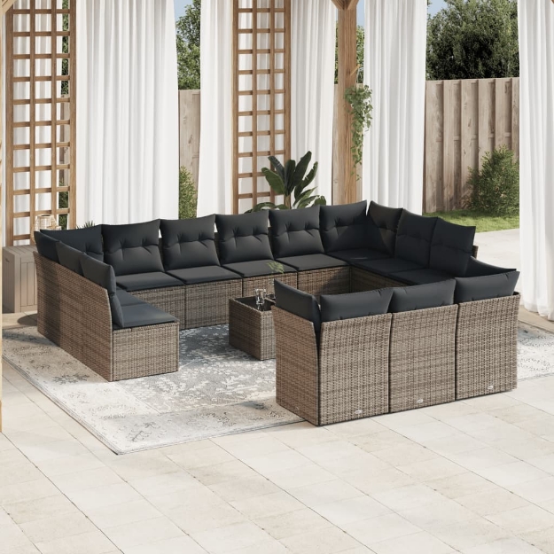 Set Divani da Giardino 14pz con Cuscini in Polyrattan Grigio