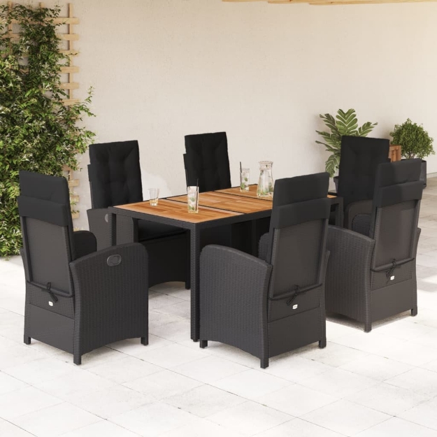 Set da Pranzo da Giardino 7 pz Nero con Cuscini in Polyrattan