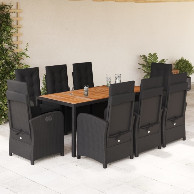 Set da Pranzo da Giardino 9 pz con Cuscini Nero in Polyrattan