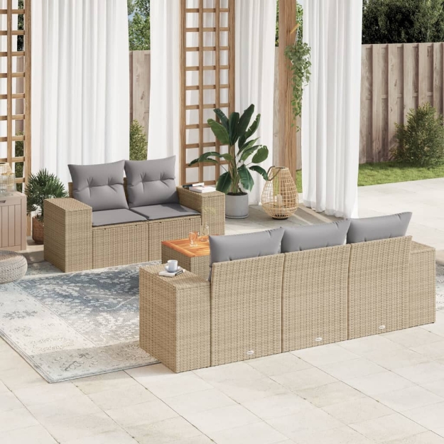 Set Divano da Giardino 6 pz con Cuscini Beige in Polyrattan