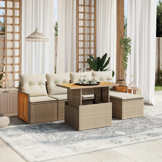 Set Divano da Giardino 6 pz con Cuscini Beige in Polyrattan