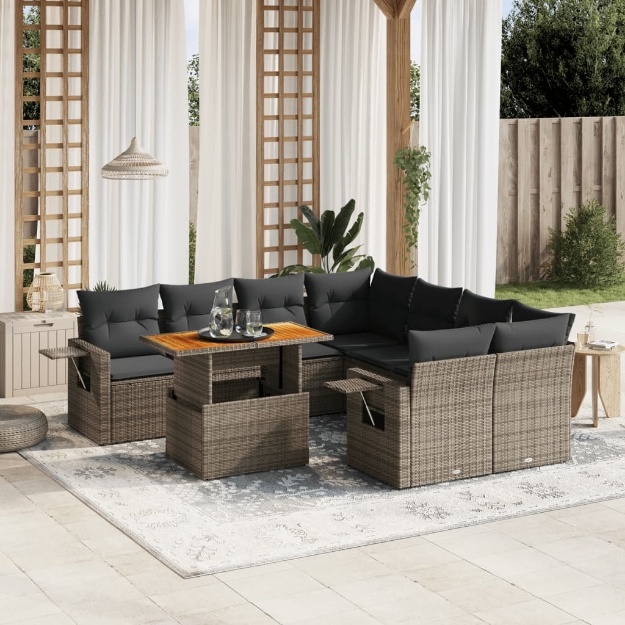 Set Divano da Giardino 9 pz con Cuscini Grigio in Polyrattan