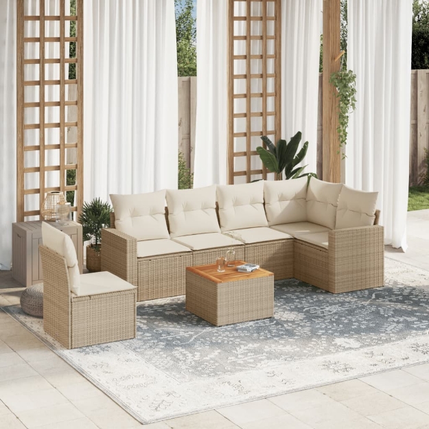 Set Divani da Giardino 7 pz con Cuscini Beige in Polyrattan